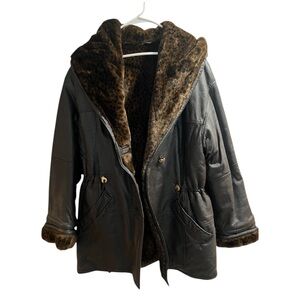 Vintage winlit genuine leather hooded coat leopard faux fur lining